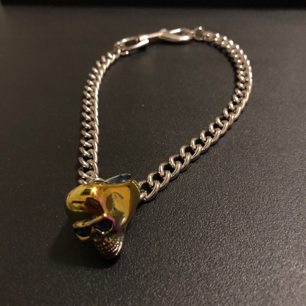Colorful Skull Ring and Thick Silver Tone Chain Necklace - Punk Vintage 90s